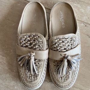 J slides leather cream mules with tassels 8.5